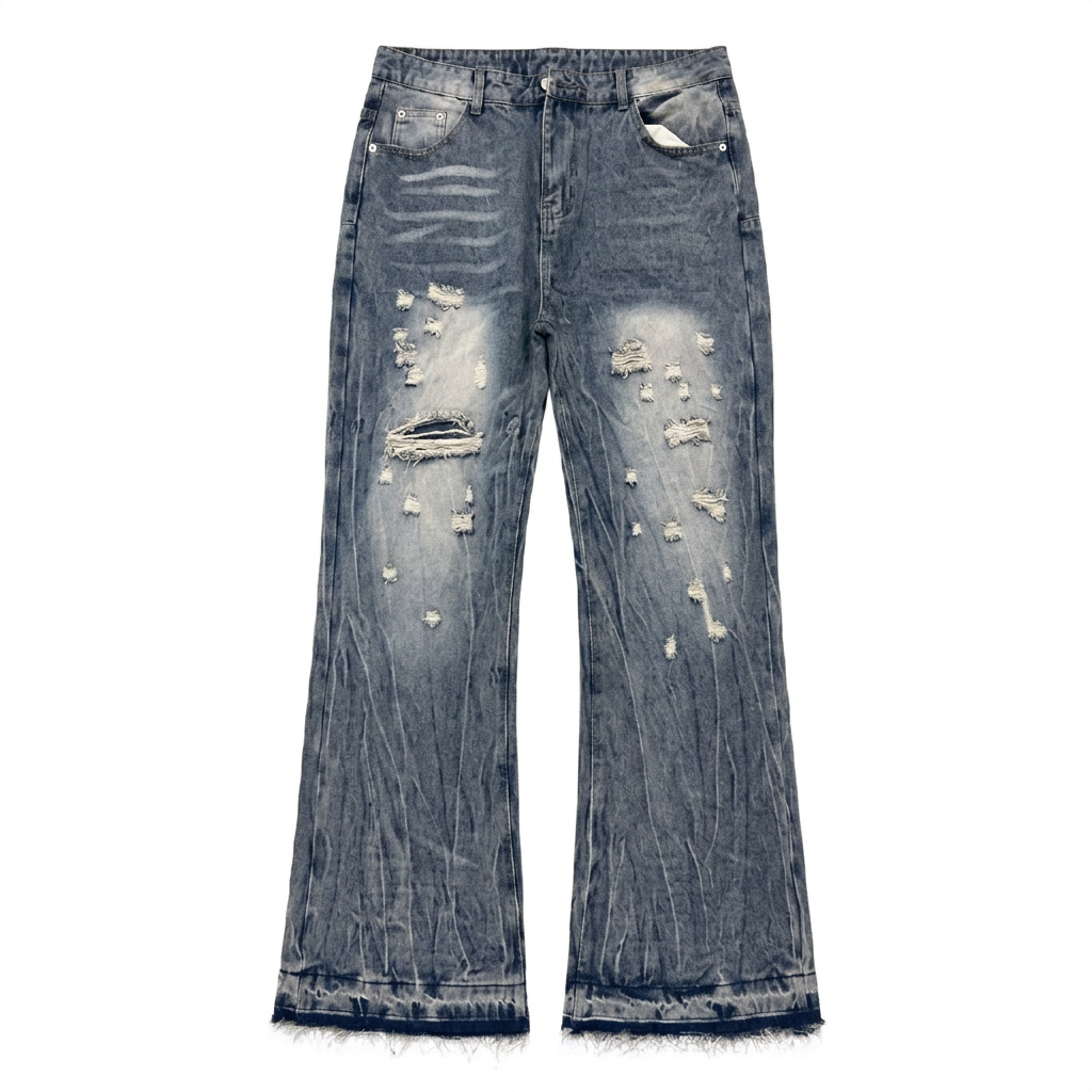 Grey-blue wide-leg jeans with distressed detailing and frayed hems