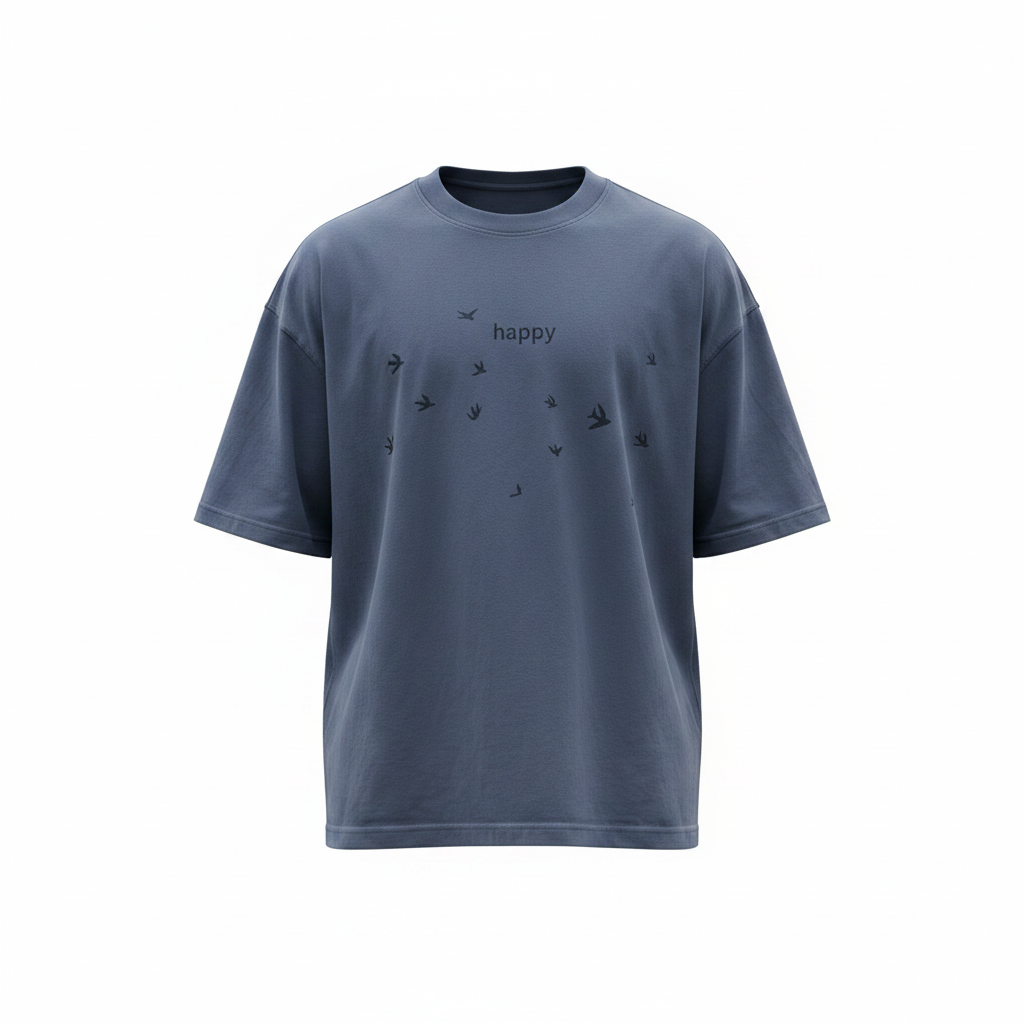 Charcoal blue oversized happy bird graphic tee ghost mannequin view