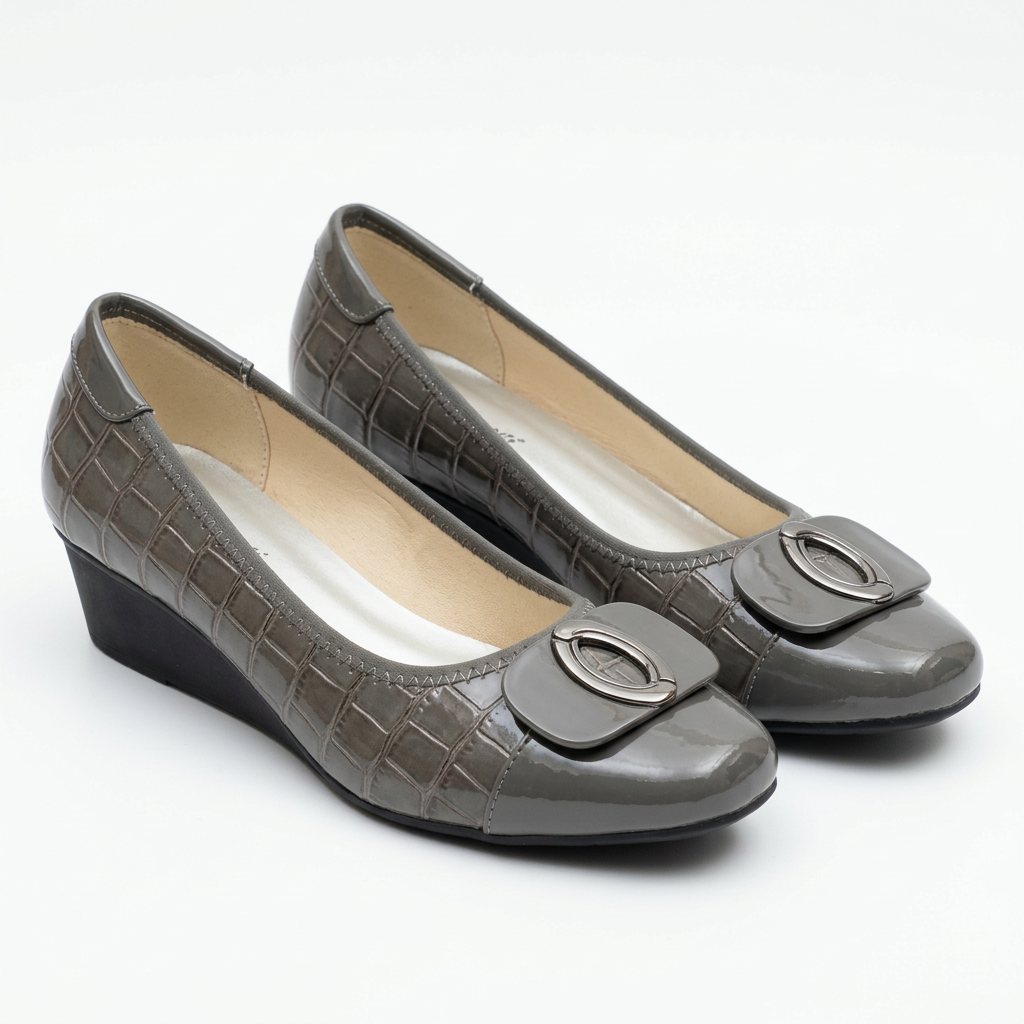 Matching grey oval-detail wedge shoes