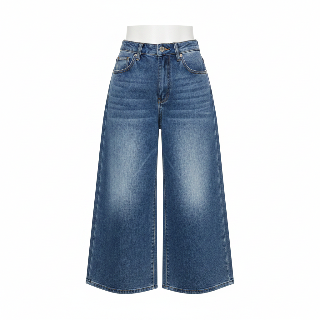 Blue Washed Wide-Leg Denim Culottes - Ghost Mannequin Front