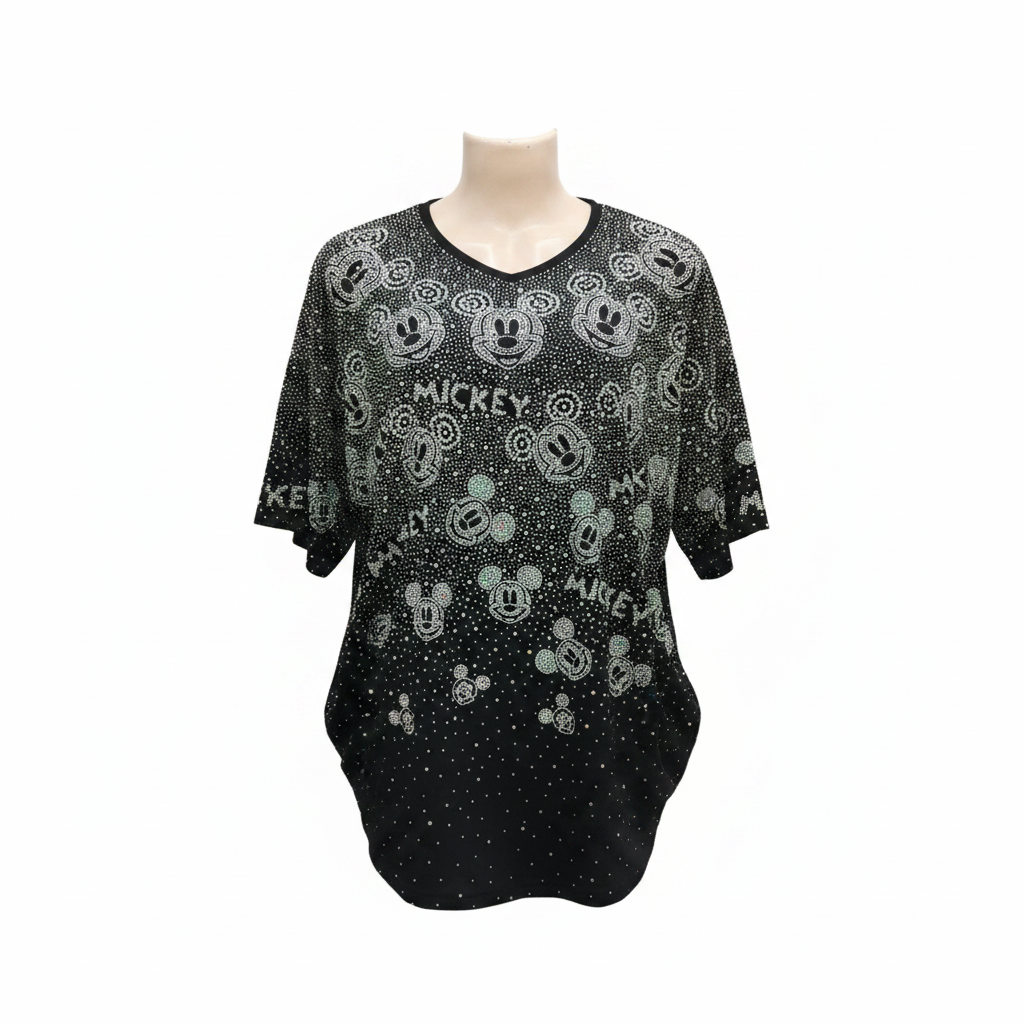 Black All-Over Rhinestone Cartoon Print Oversized Top - Ghost Mannequin Front View