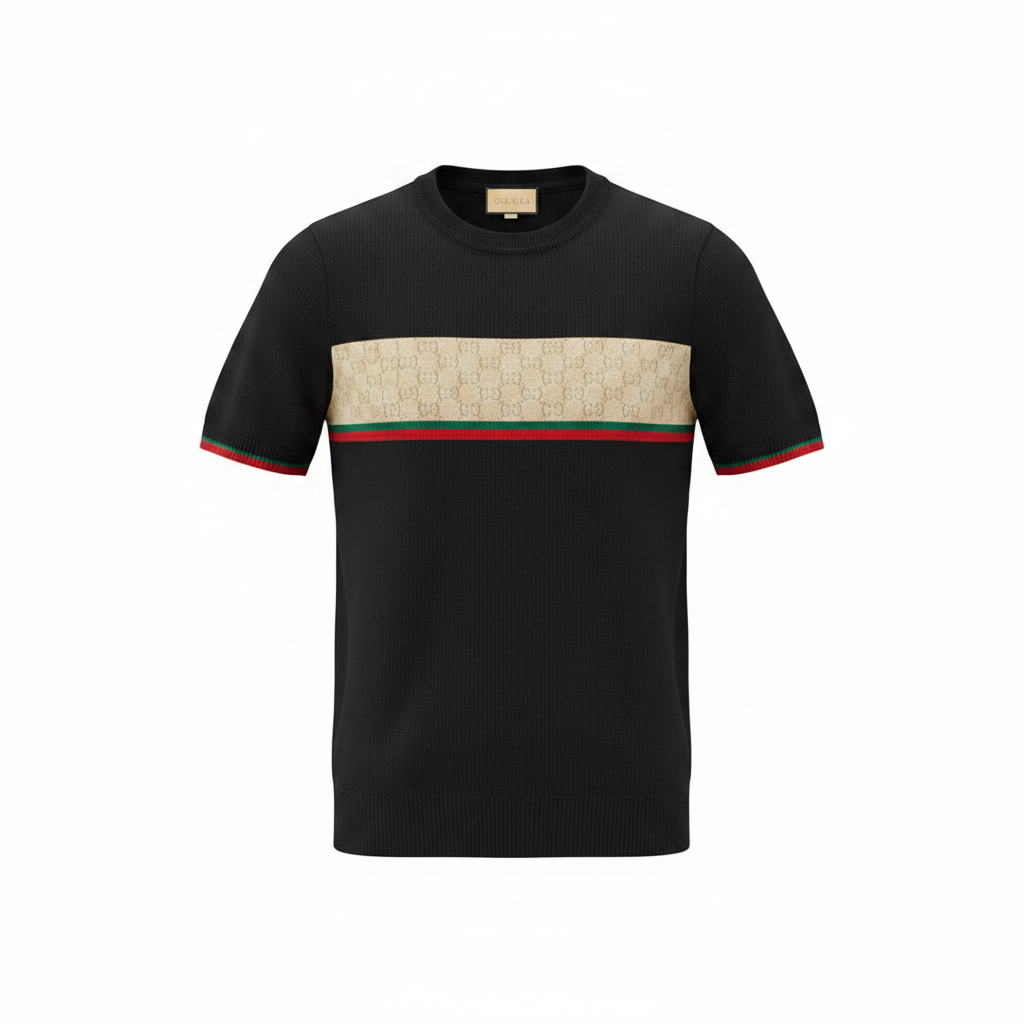 Black panel knit crewneck tee - ghost mannequin front view