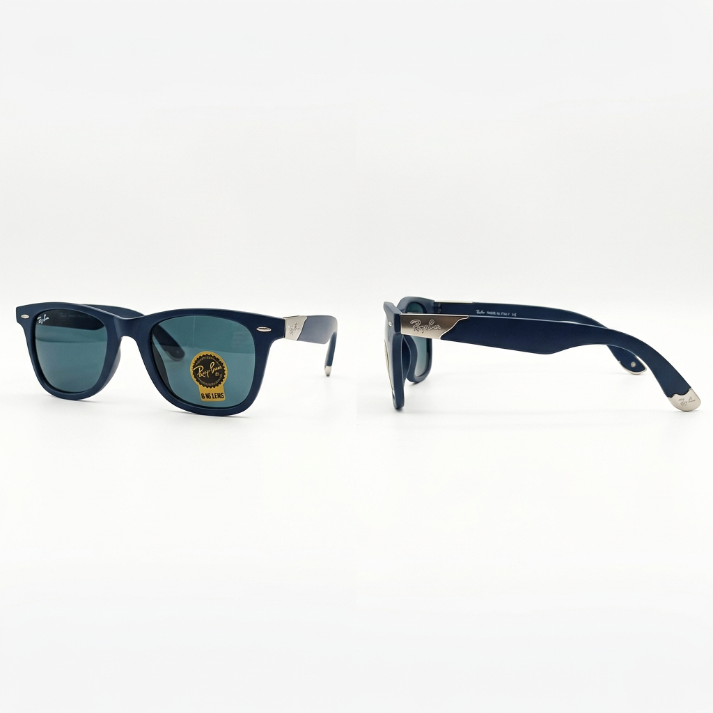 Navy square sunglasses with silver-tone arm panels and visible lettering, front and side views