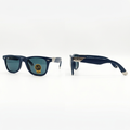 Navy square sunglasses with silver-tone arm panels and visible lettering, front and side views