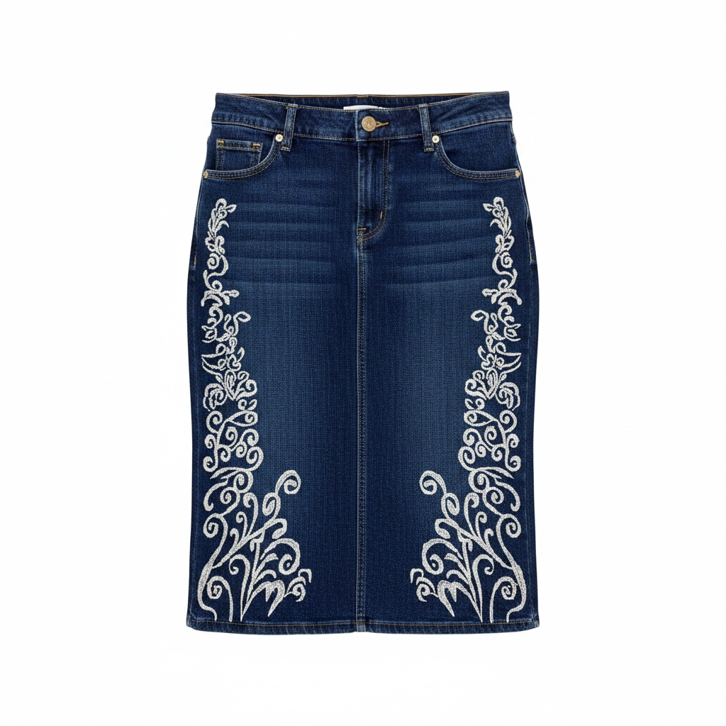 Ghost Mannequin – Embroidered Denim Midi Skirt