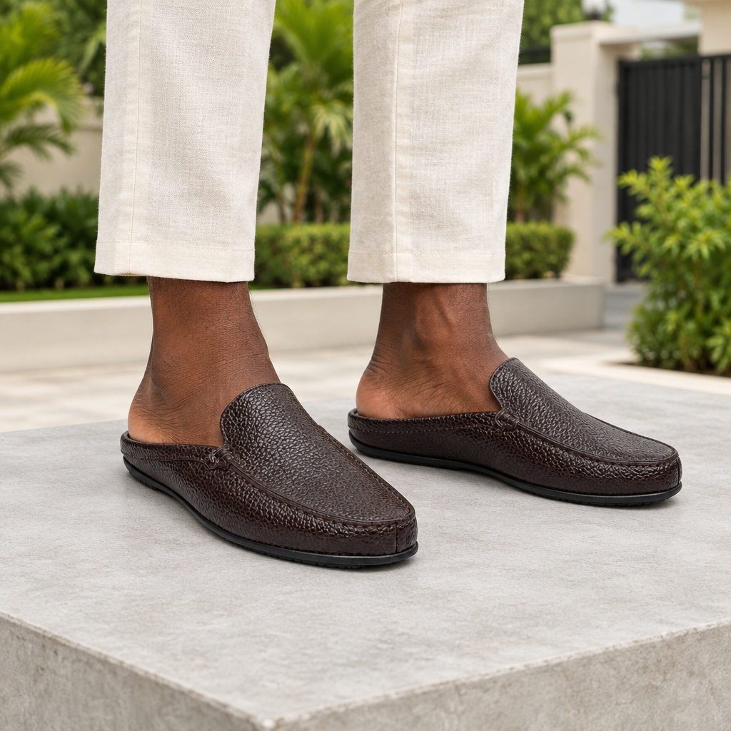 Man wearing dark brown pebble grain backless mule slippers with cream linen trousers