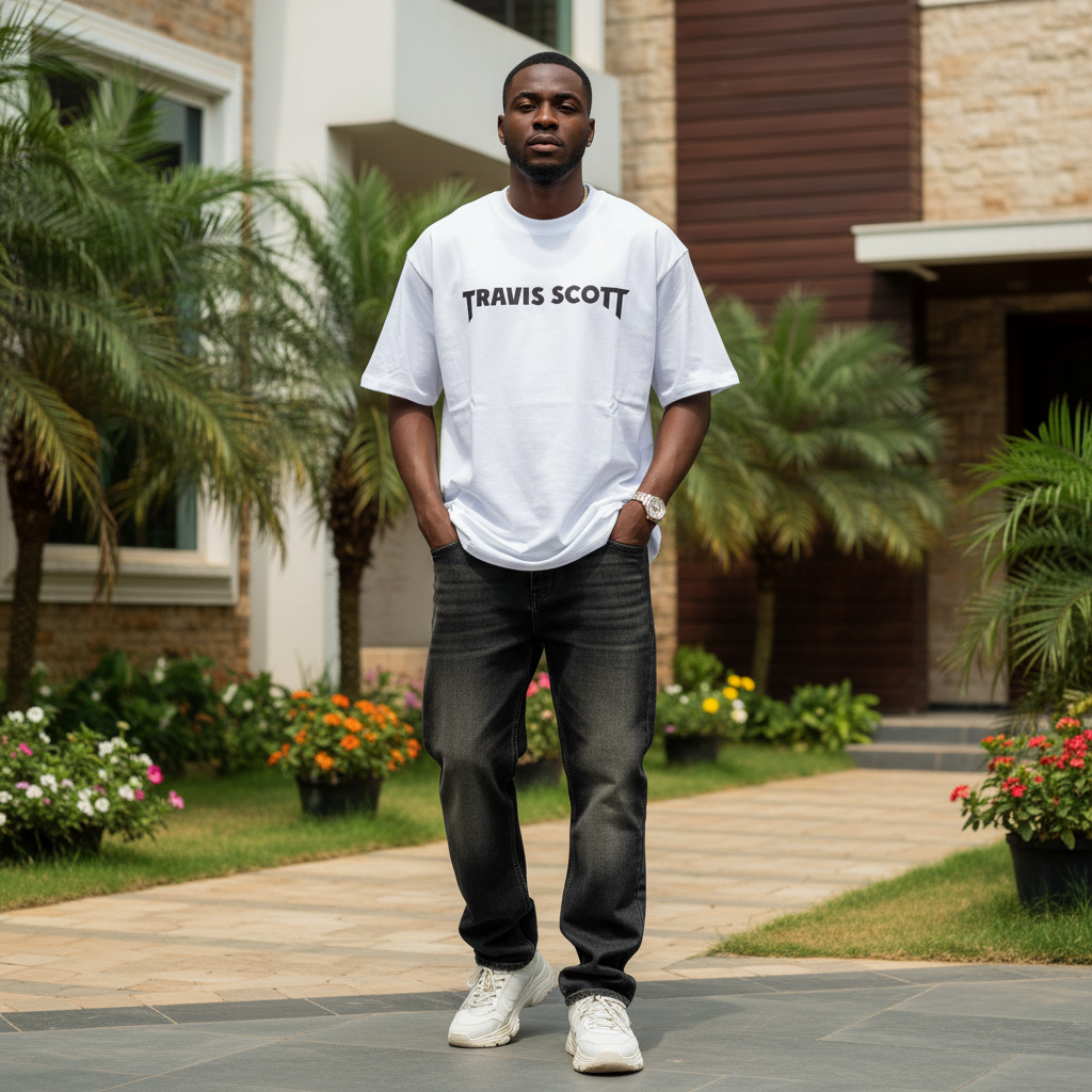 Nigerian male model wearing white bold gothic text graphic tee – front view