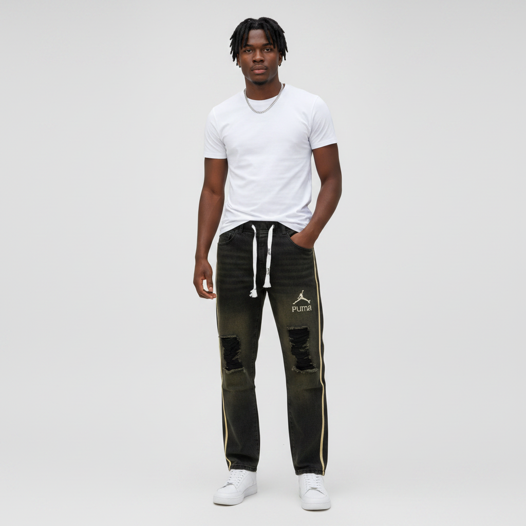 African Gen Z male model wearing men's black washed ripped wide-leg denim jeans with gold side stripe