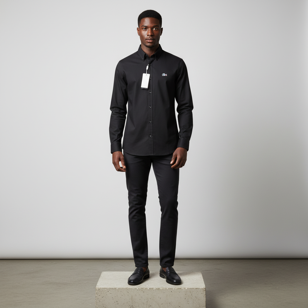 Nigerian male model wearing black plain long-sleeved shirt, front view