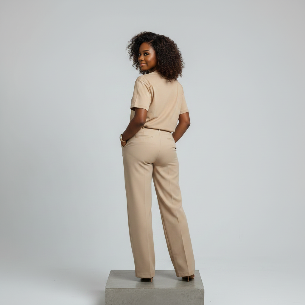 Nigerian female model back view wearing plain beige T-shirt - consistent model