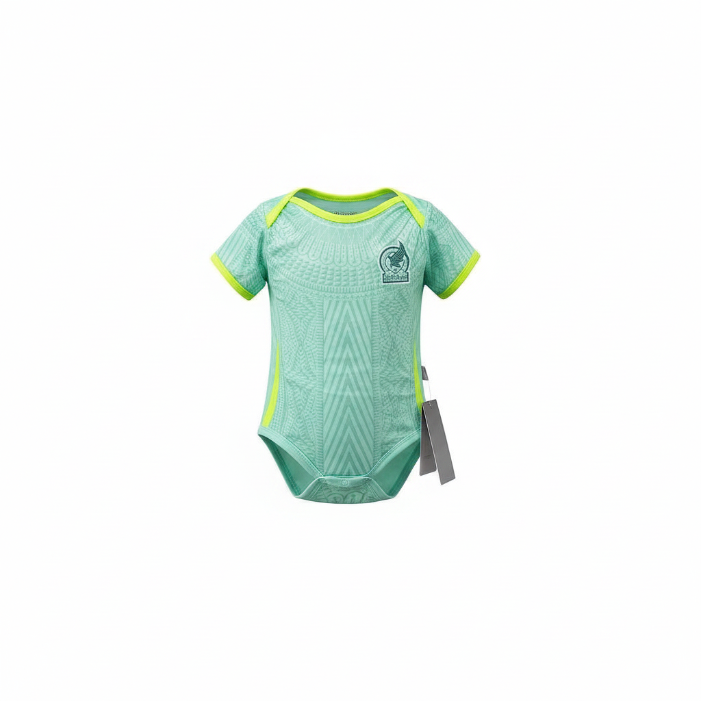 Baby mint green & neon geometric football romper bodysuit – ghost mannequin front view on white background