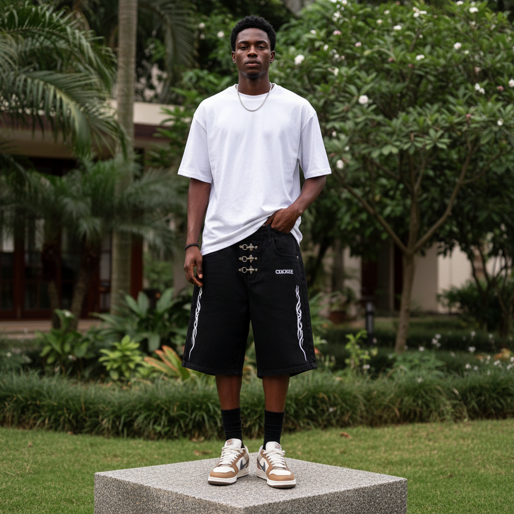 Nigerian male model wearing men's black tribal flame embroidered hardware denim shorts streetwear style