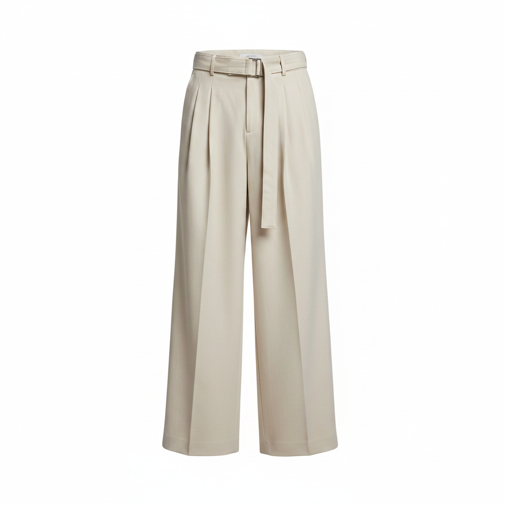 Wide-leg belted pleated trousers in beige ghost mannequin view