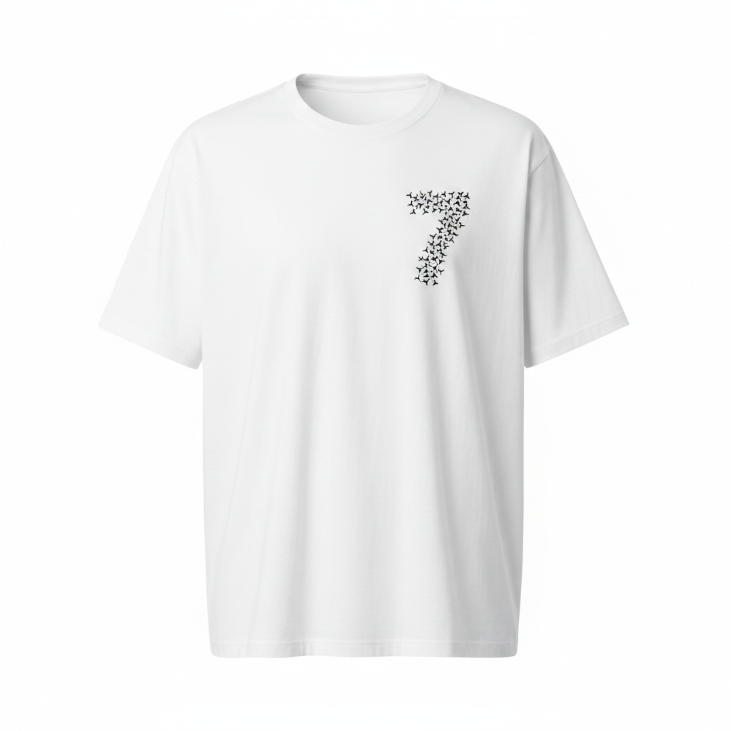 Unisex white airplane number 7 graphic oversized tee – ghost mannequin front view