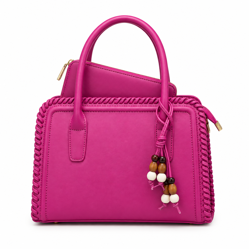 Fuchsia woven-edge handbag with matching inner purse visible at top