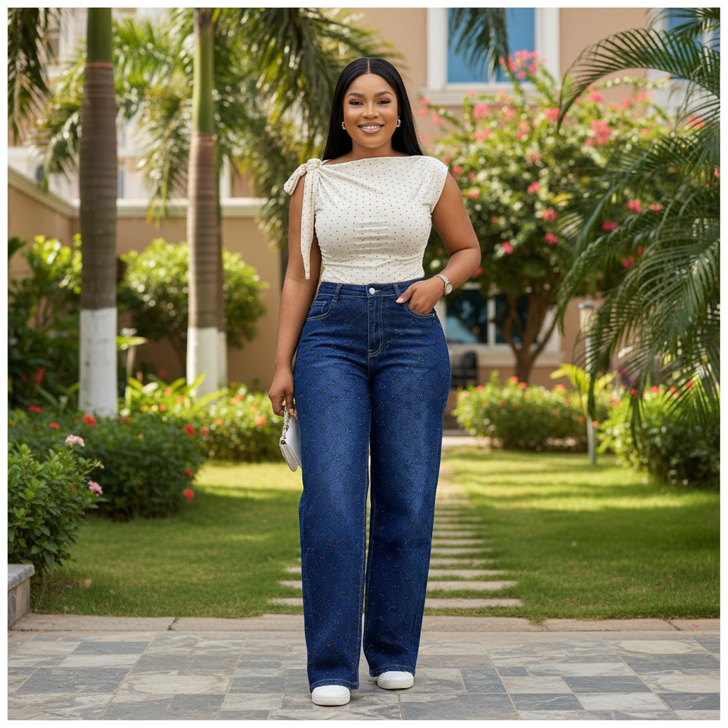 Nigerian female model wearing navy blue rhinestone sparkle wide-leg jeans - front view