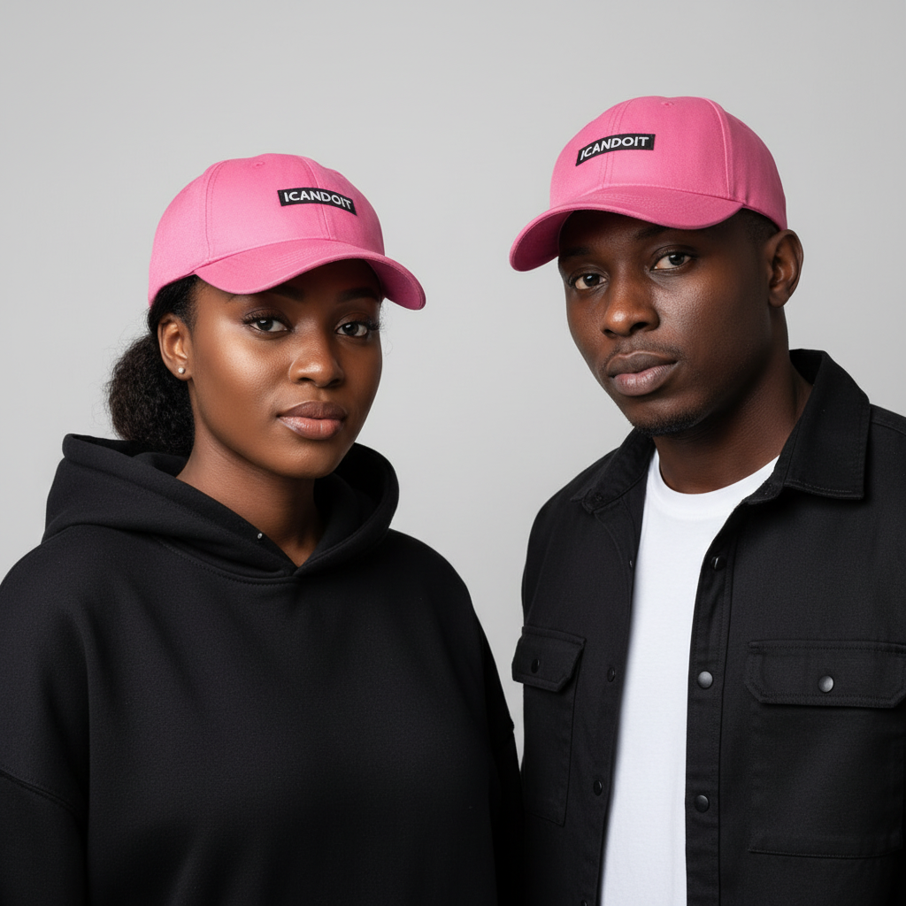 Nigerian male and female models wearing hot pink ICANDOIT slogan patch baseball cap