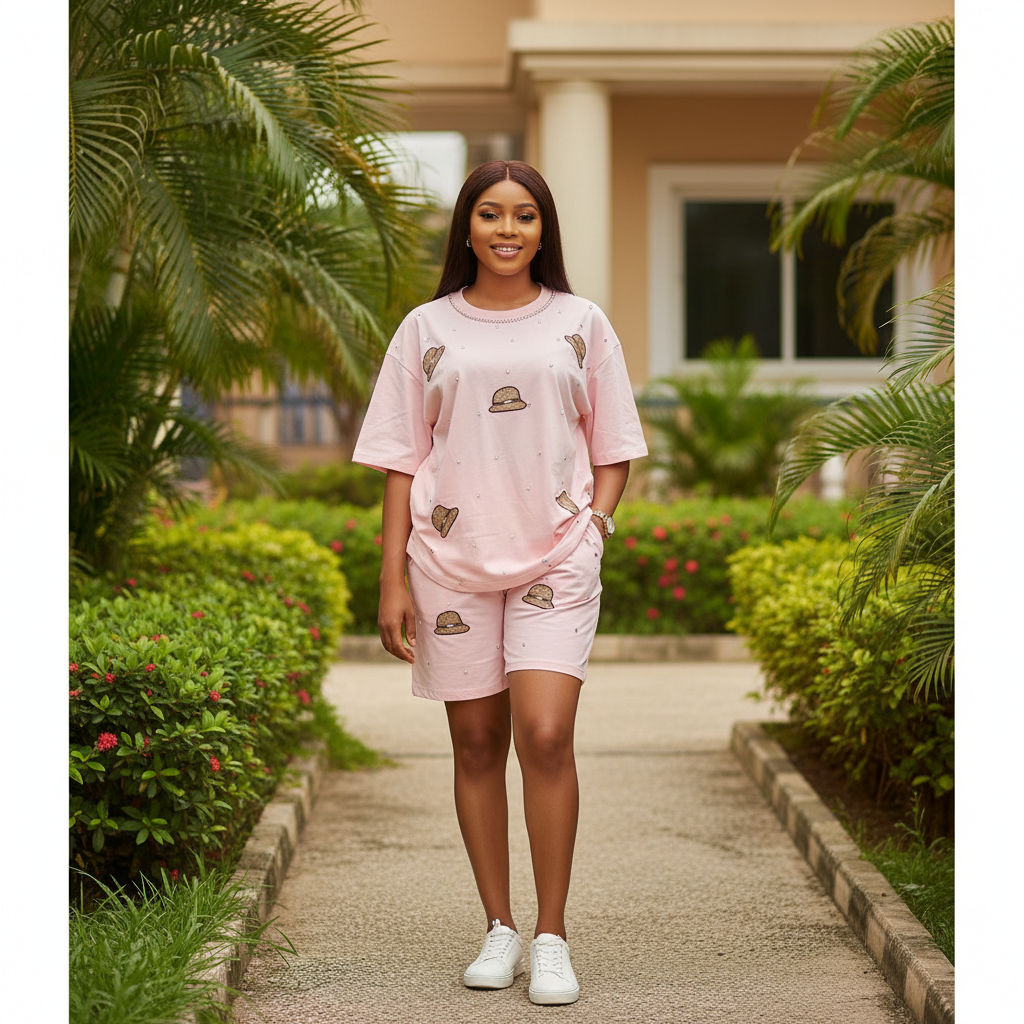 Model shot — Women's Pink Bear & Heart Graphic Co-ord Set