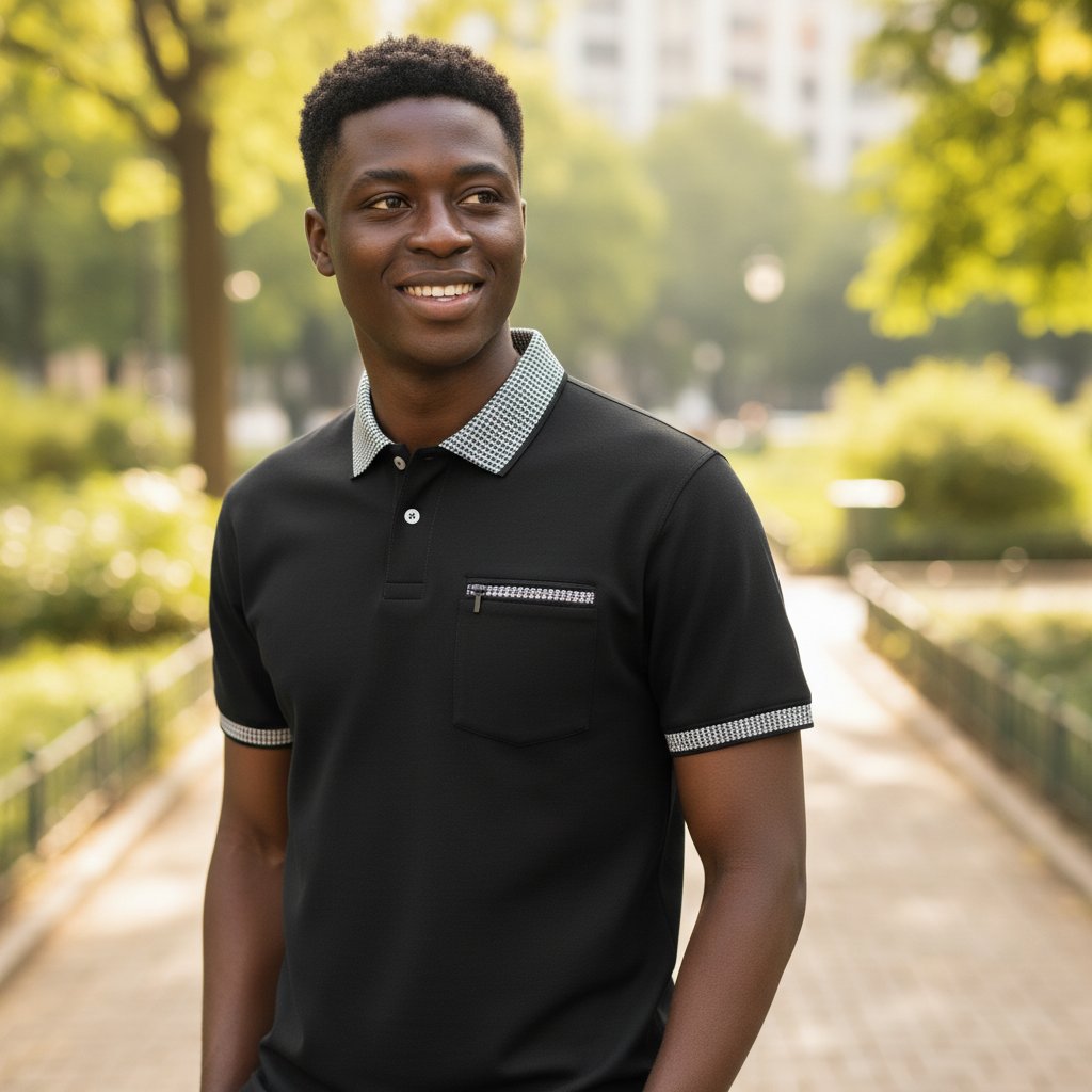 Black Houndstooth Collar Polo Shirt on Nigerian male model