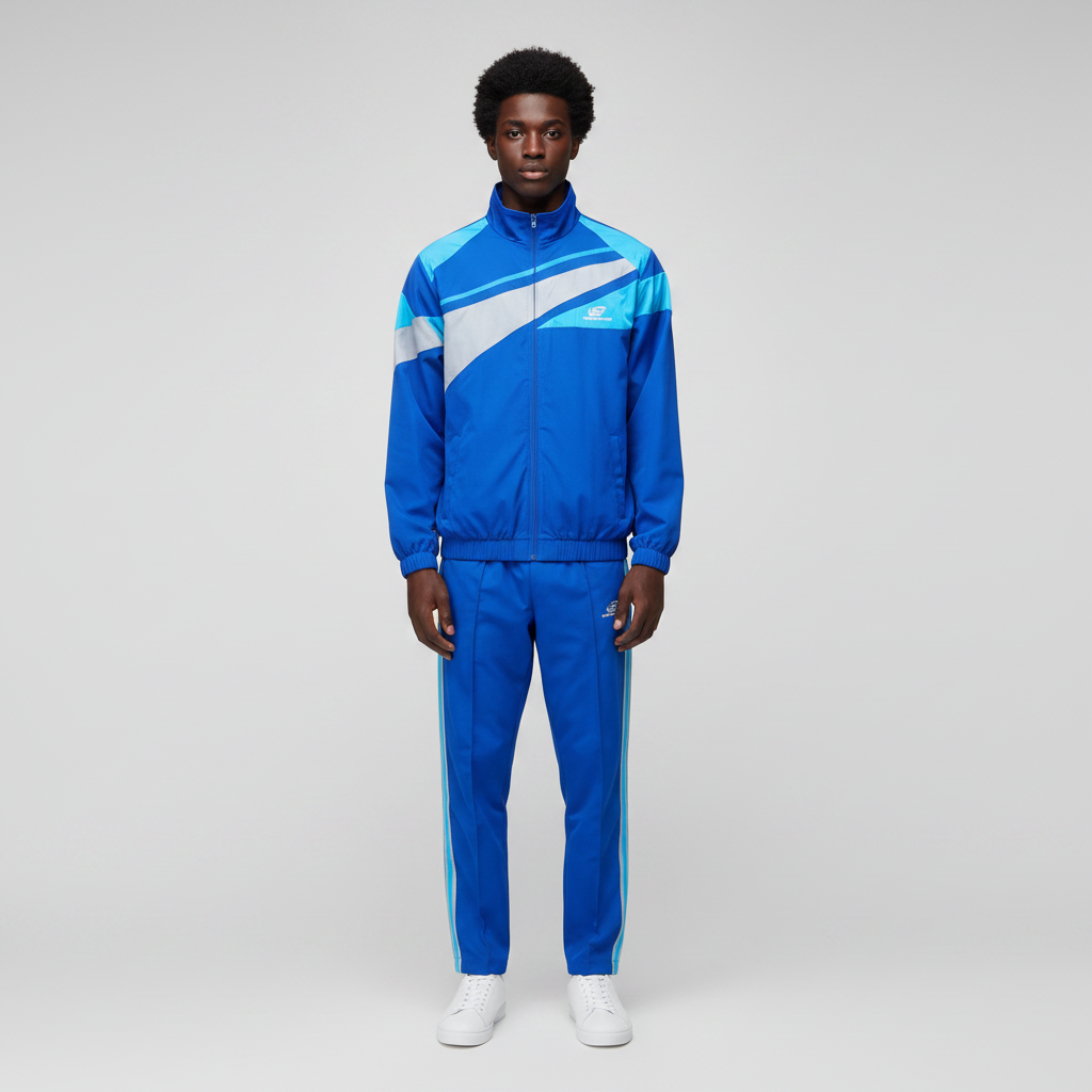 Man wearing the royal blue chevron tracksuit set