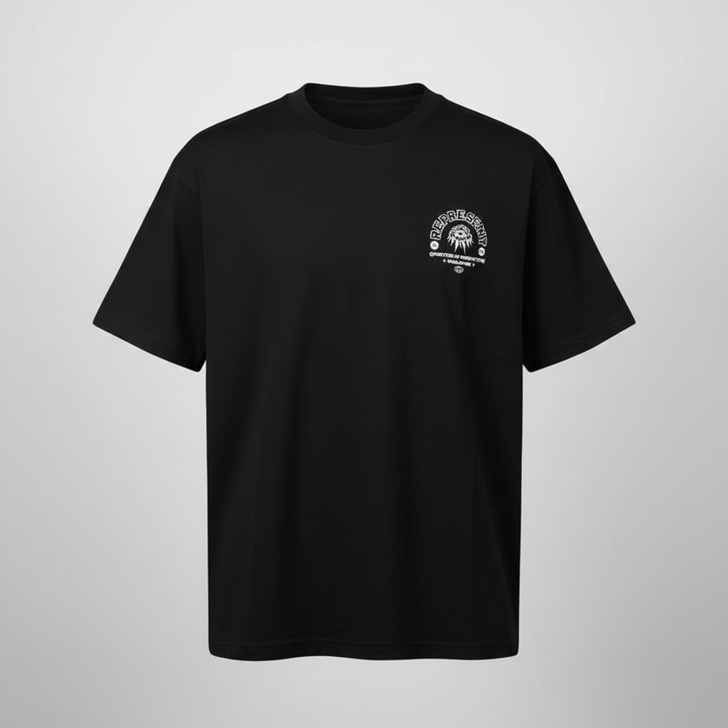 Ghost mannequin front view of black chest emblem tee