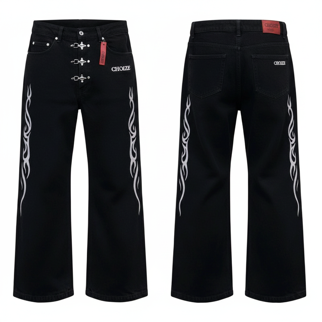 Men's black tribal flame embroidered flare jeans – ghost mannequin front view
