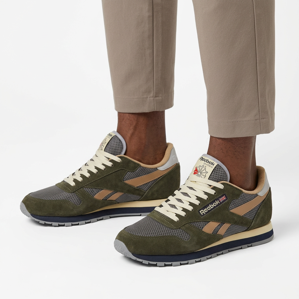 Both olive tan retro sneakers worn by a Nigerian male model on white