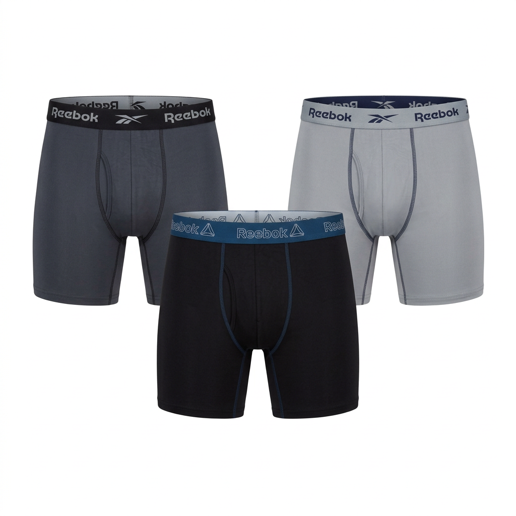 Charcoal light grey and black boxer briefs on white background
