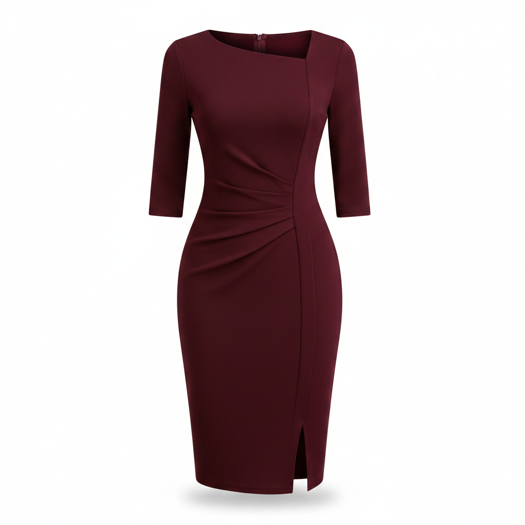 Women's wine burgundy asymmetric square neck ruched bodycon midi dress - ghost mannequin view
