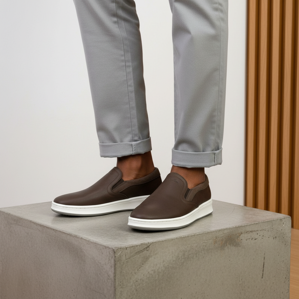 Men's Brown Nubuck Slip-On Loafer – Leg Focus Model Shot