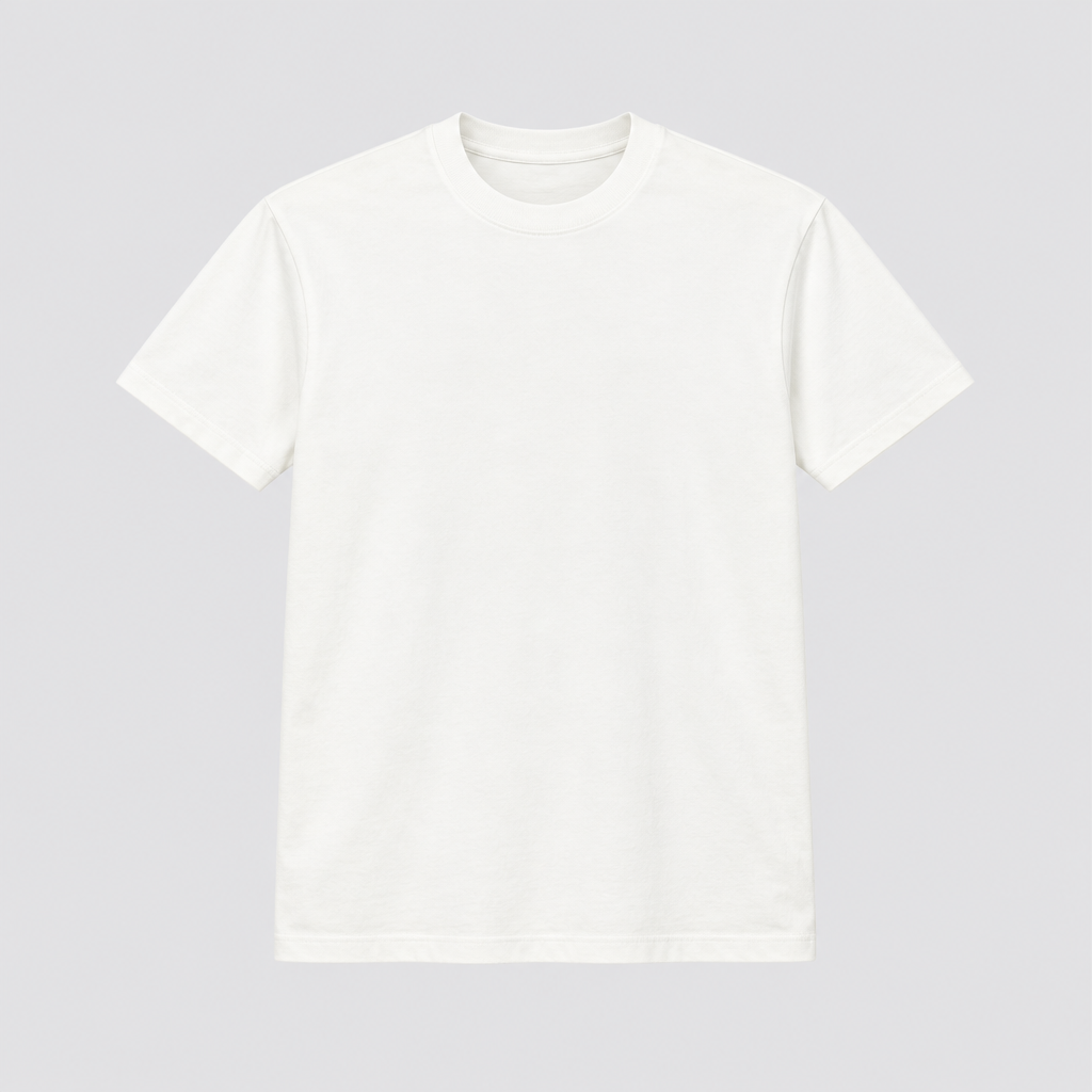 Ghost mannequin view of an off-white basic T-shirt