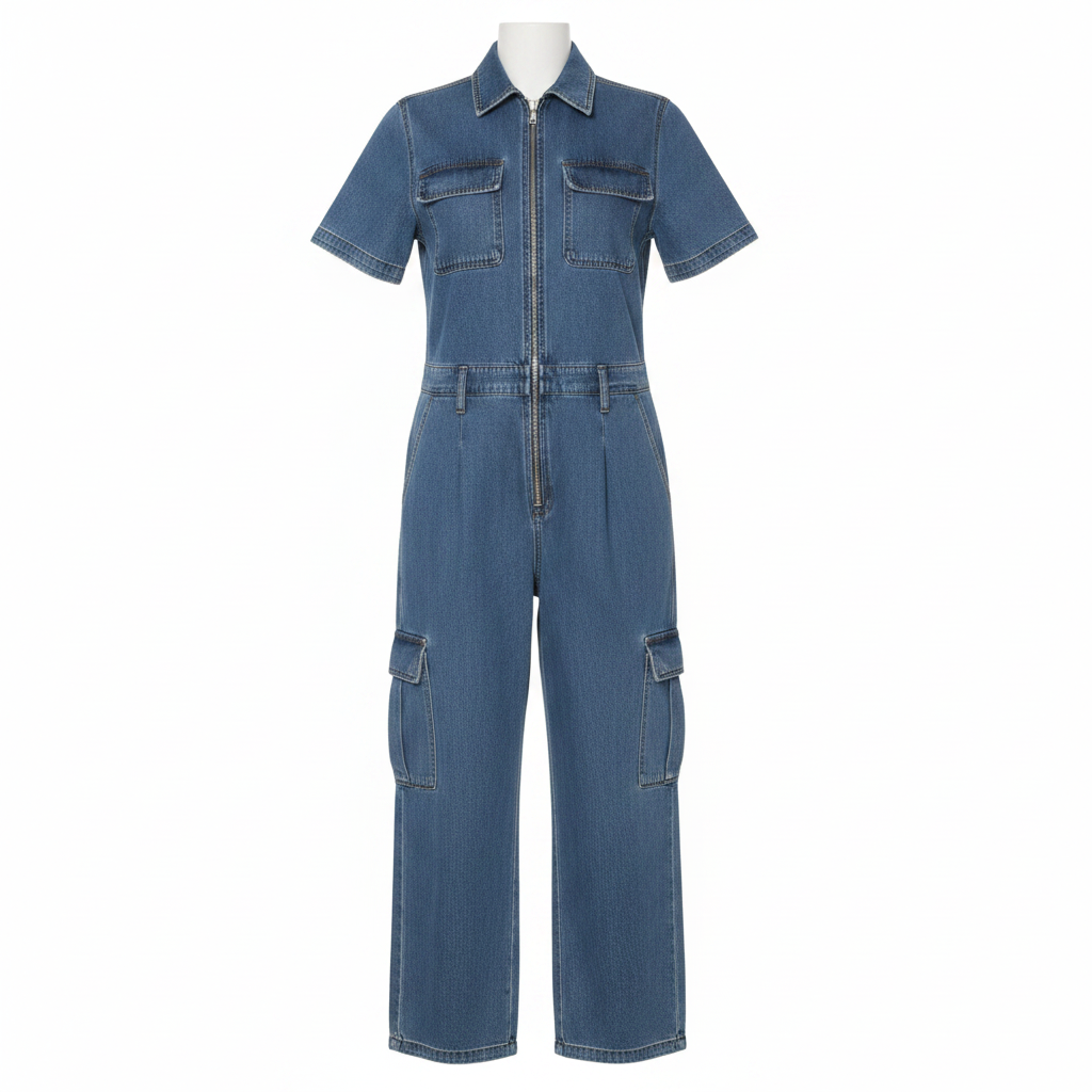 Blue Denim Cargo Jumpsuit - Ghost Mannequin Front