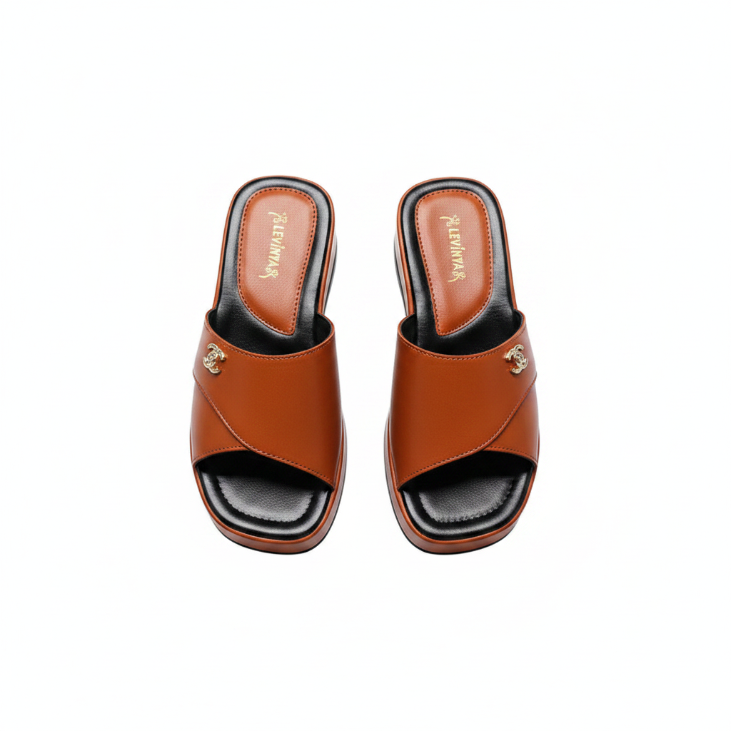 Women's Cross-Strap Platform Wedge Slide - Brown Ghost Mannequin