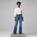 Blue Flare Wide-Leg Denim Jeans - Model Front View