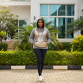 Women's grey hoodie with gold sequin front panel - female model shot
