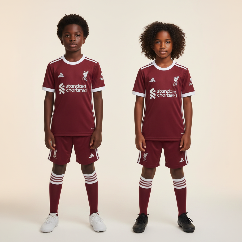 Black Nigerian boy and girl wearing Liverpool FC kids dark burgundy football kit with white Adidas stripes