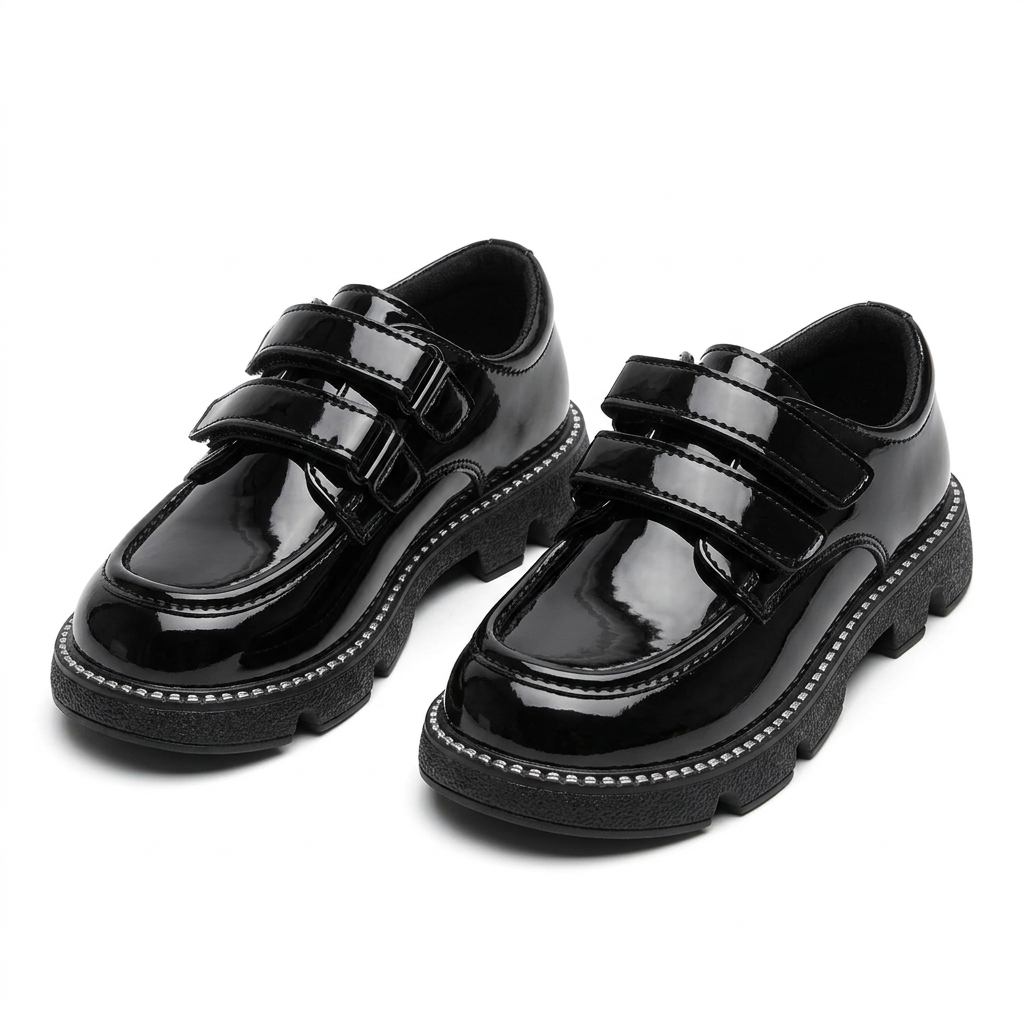 Pair of glossy black double-strap moc-toe children’s shoes with contrast welt detailing on white