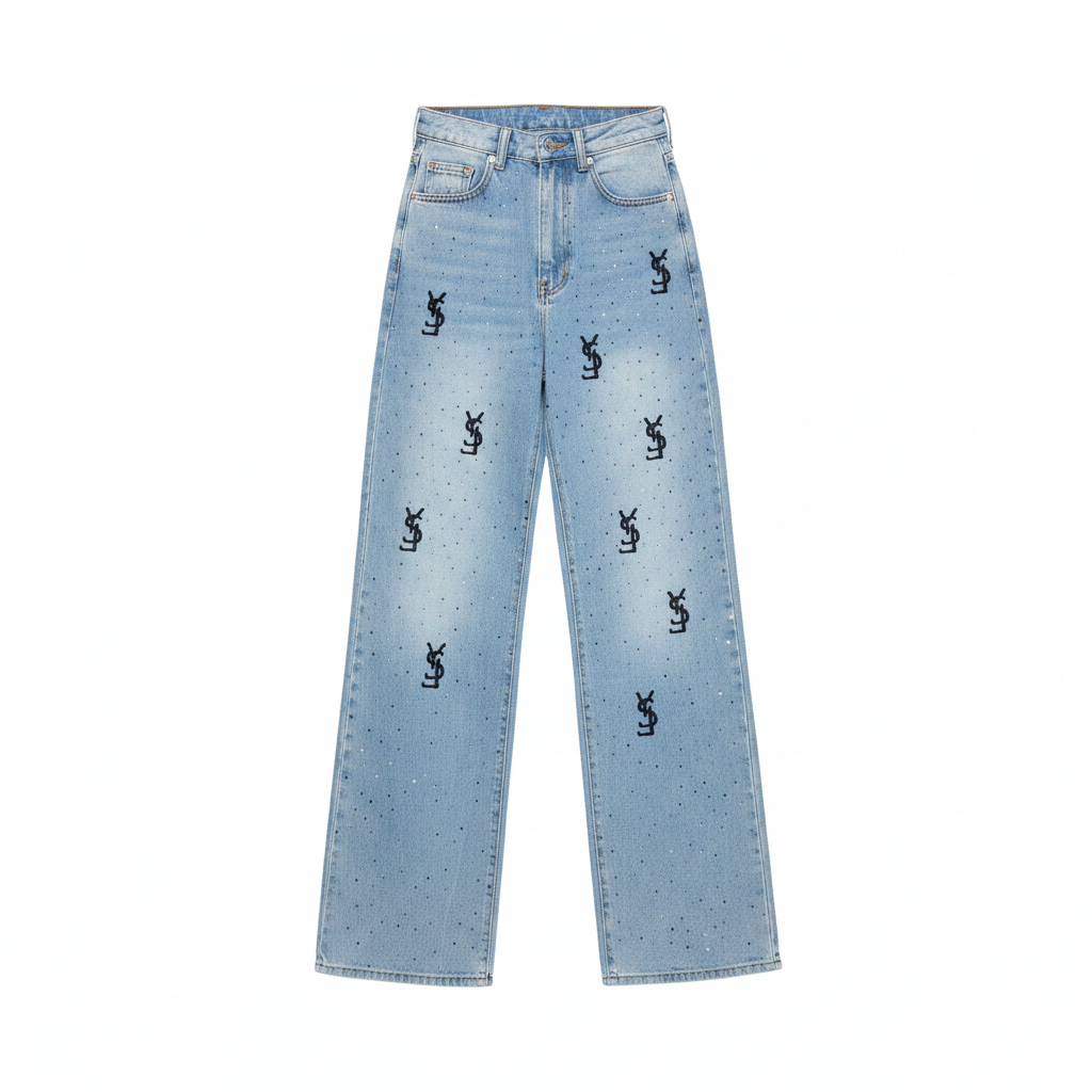 Women's light blue monogram print rhinestone wide-leg jeans ghost mannequin front view