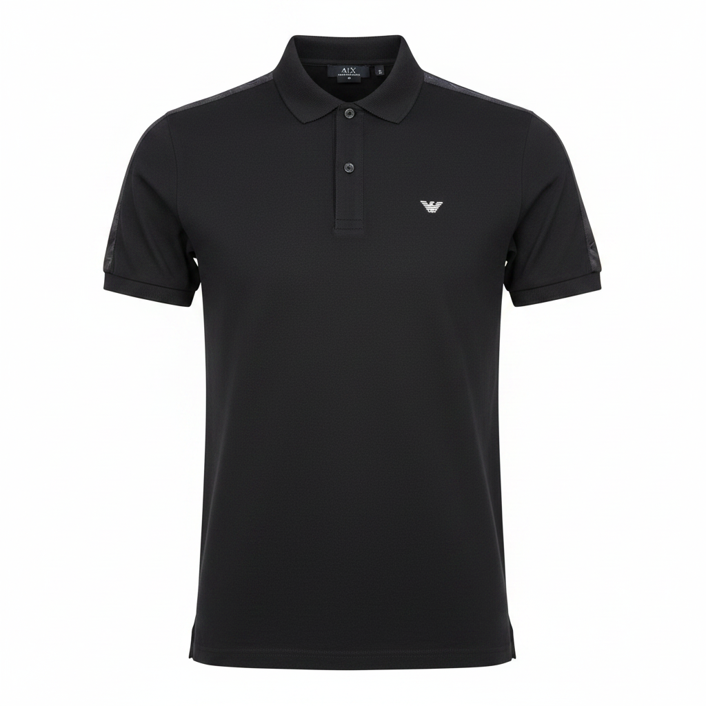 Men's black polo shirt with tonal shoulder panel and white eagle logo, ghost mannequin front view