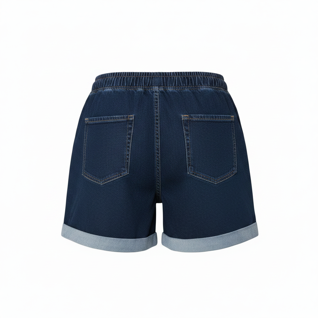 Ghost mannequin back view of navy blue drawstring cuffed denim shorts