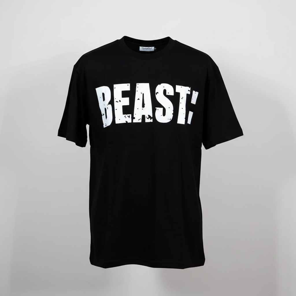 Ghost mannequin front view of black BEAST slogan tee