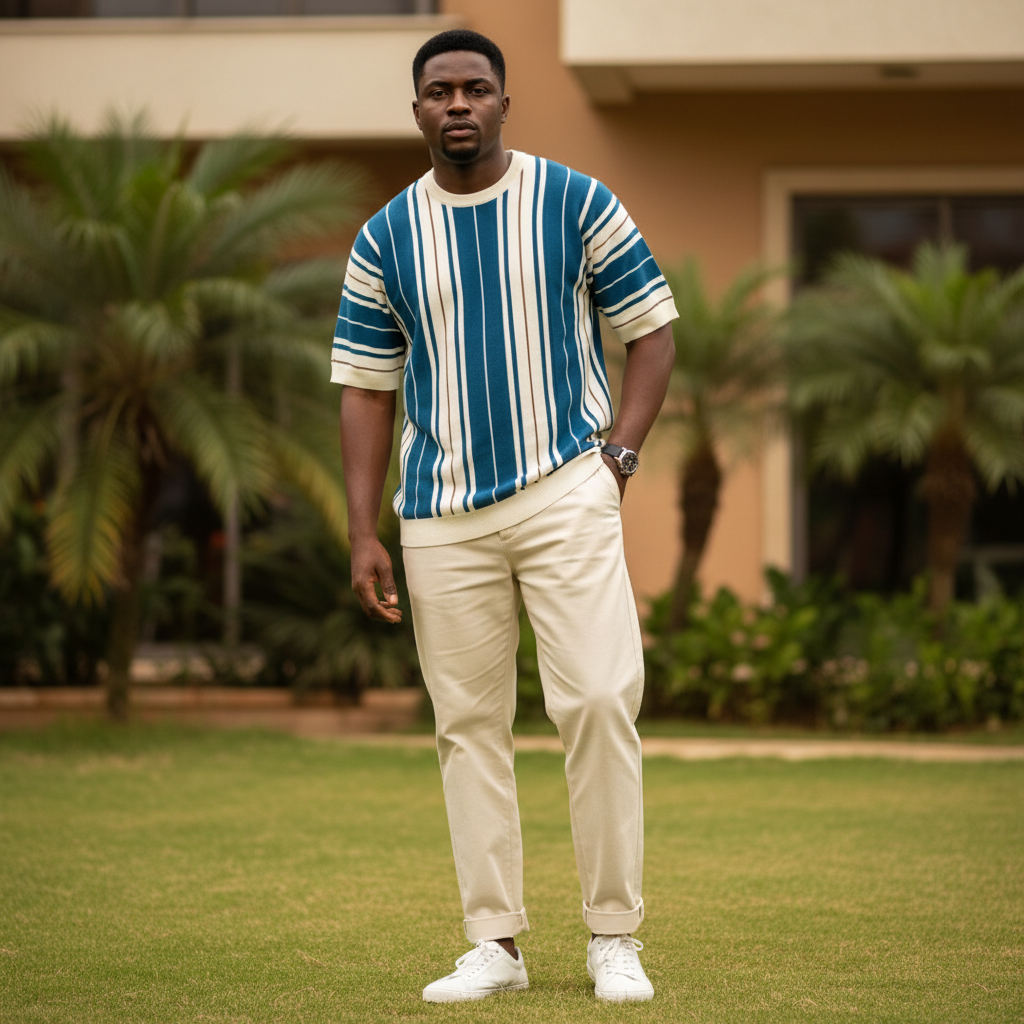 Teal and cream stripe knit crewneck tee - model front view