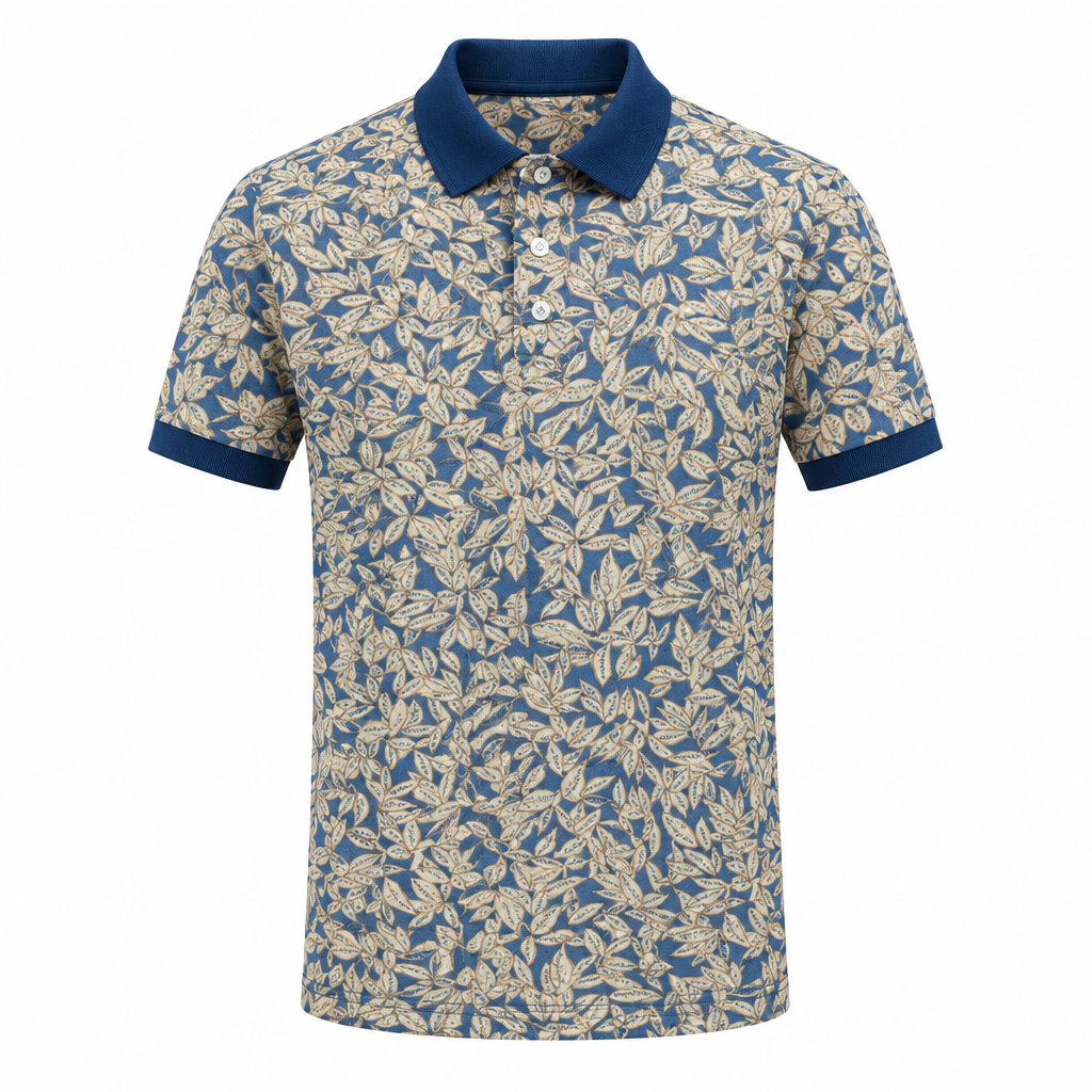 Blue leaf print contrast collar polo shirt ghost mannequin