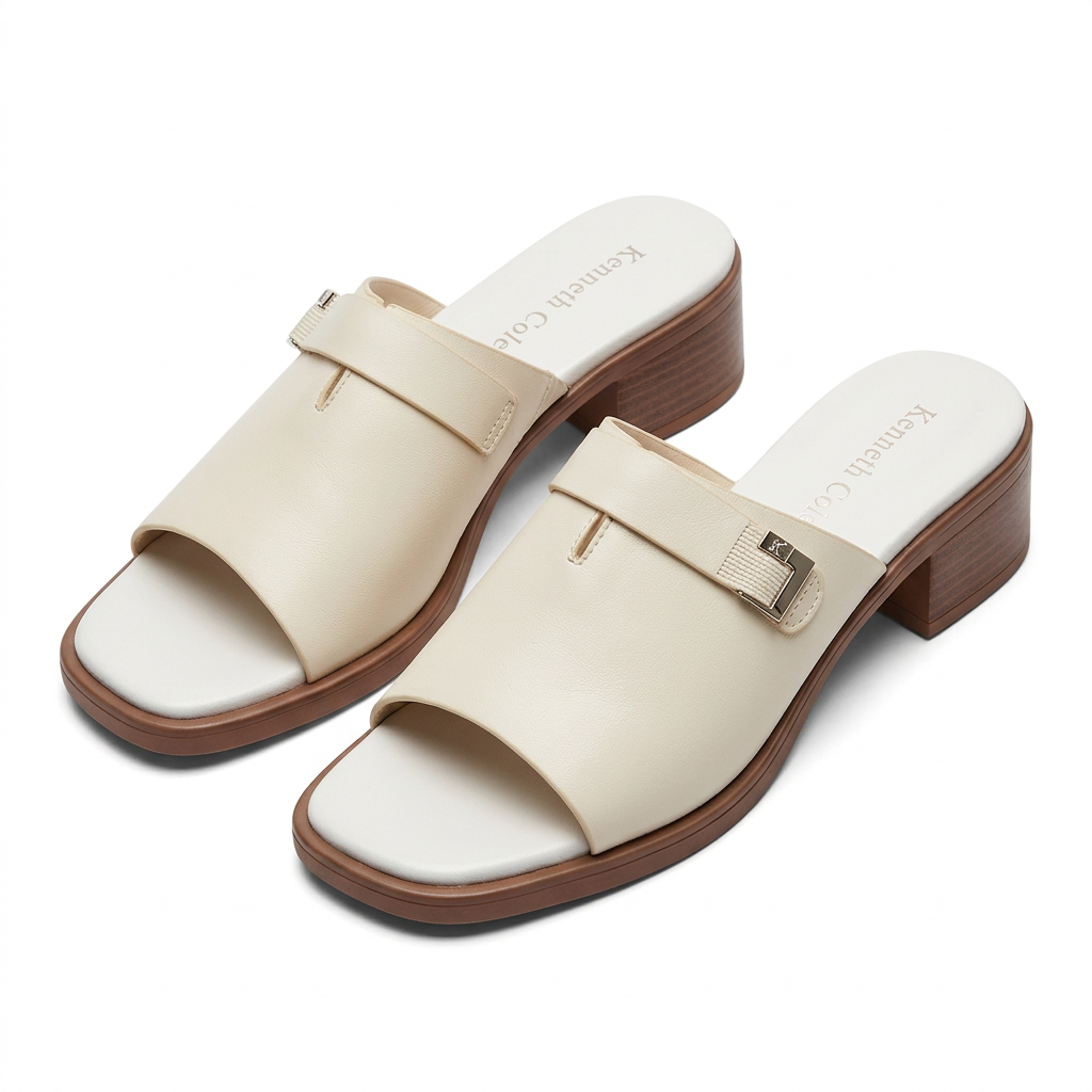 Pair of ivory metallic-accent block-heel slides on white background