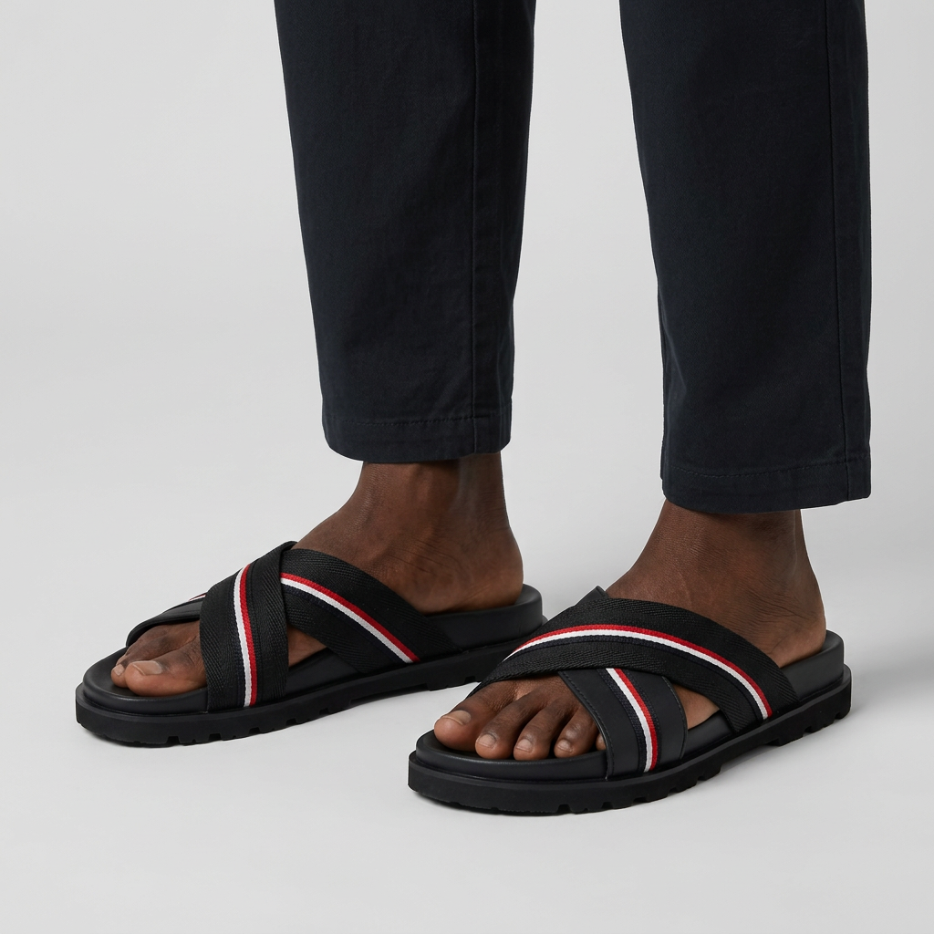 Man wearing black cross-strap slide slippers with stripe detail on a plain studio background