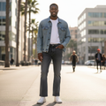 Nigerian model wearing Charcoal Grey Washed Clean Bootcut Flare Cropped Jeans