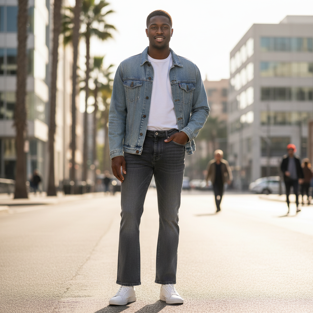 Nigerian model wearing Charcoal Grey Washed Clean Bootcut Flare Cropped Jeans