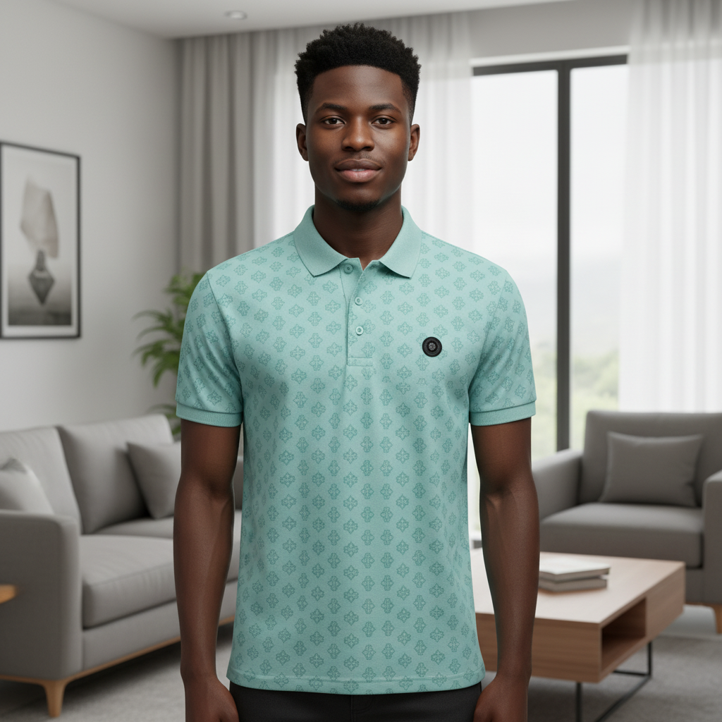 Young Nigerian male model wearing mint green monogram polo shirt, front view