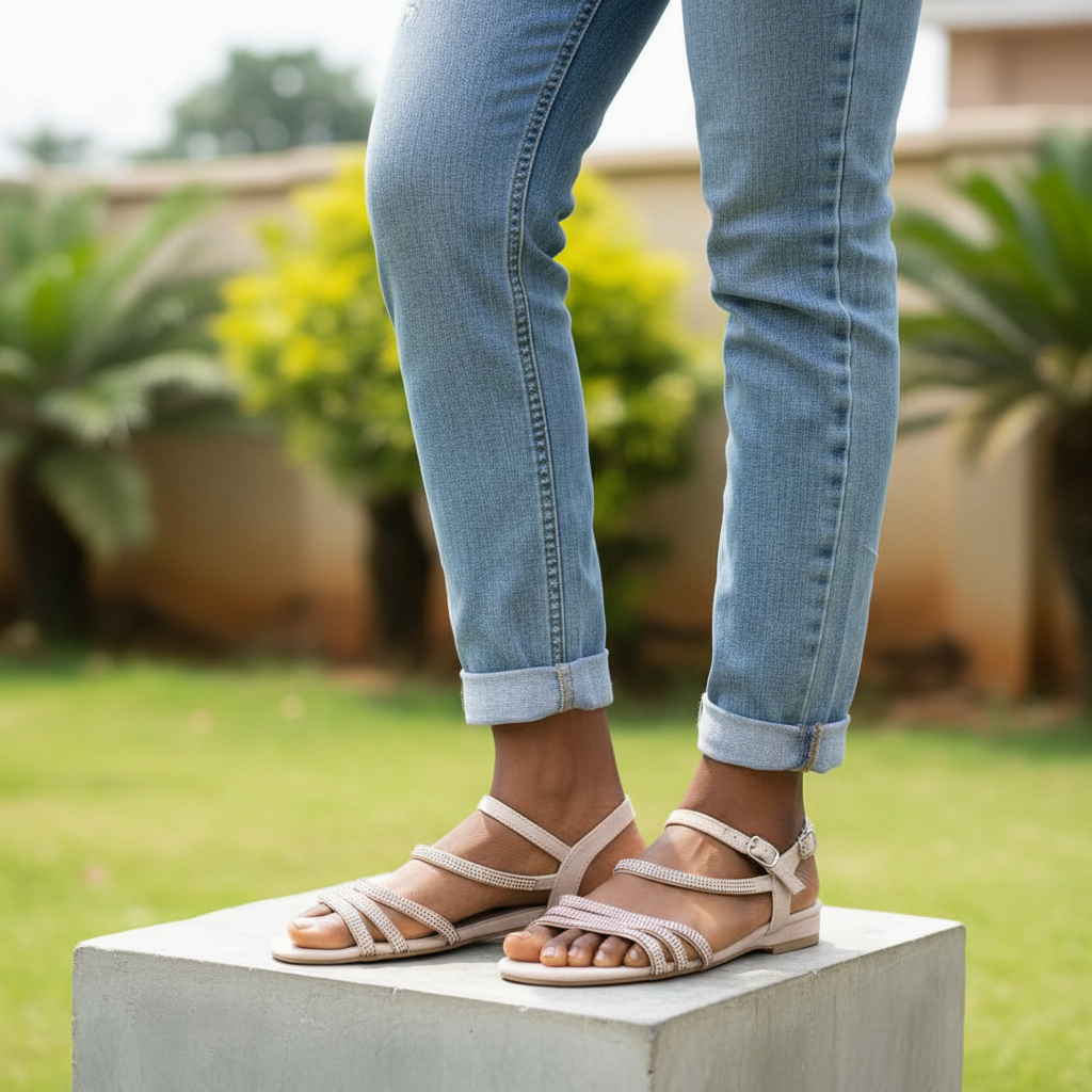Nigerian female model wearing nude rhinestone T-strap flat sandals