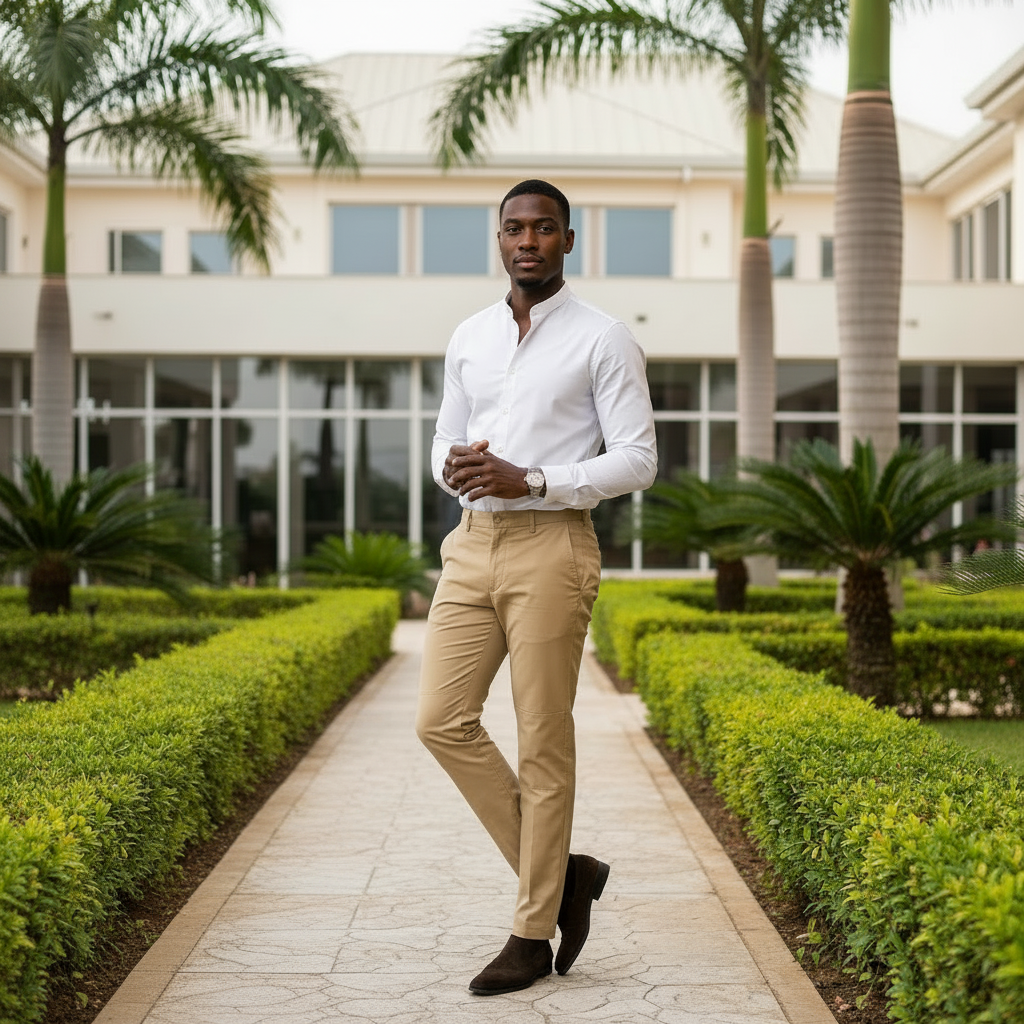 Nigerian male model wearing khaki slim fit chino trousers with white shirt, clean outdoor setting, 1:1 square